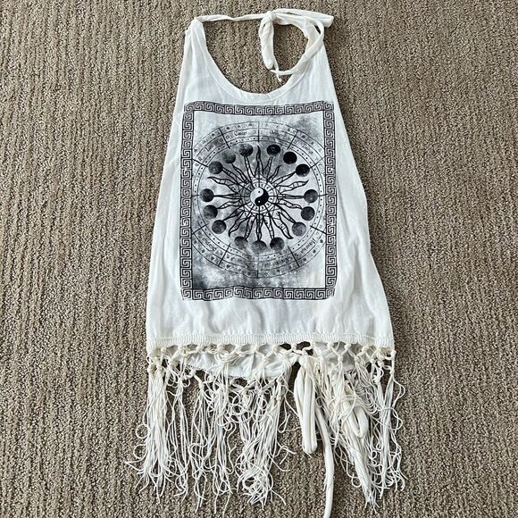 Vintage Havana White Open back Boho Halter Top with Fringe - Picture 1 of 7